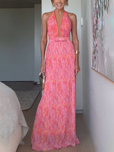 Load image into Gallery viewer, Pink Halter Pleated Printed Vacation Party Maxi Dress
