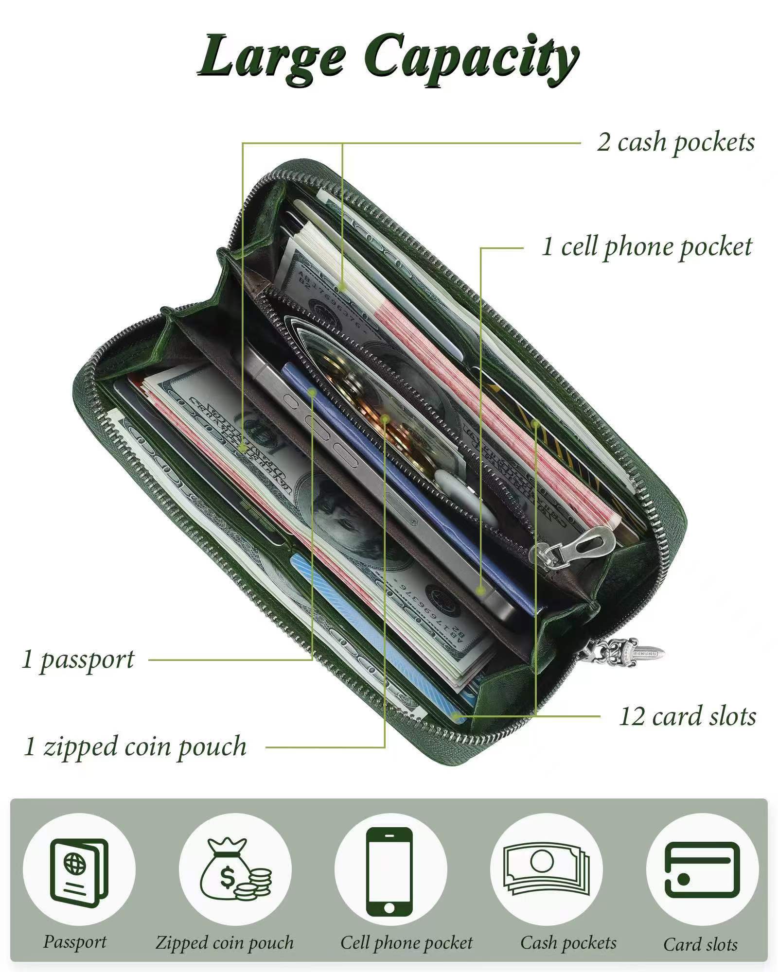 Handmade Long Leather Wallet Purse Large Capcity Multi Cards Zipper Soft Clutch for Women