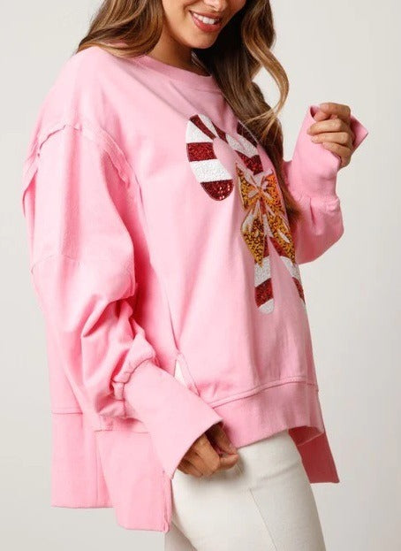 Christmas Candy Cane Sequined Casual Loose Sweatshirt