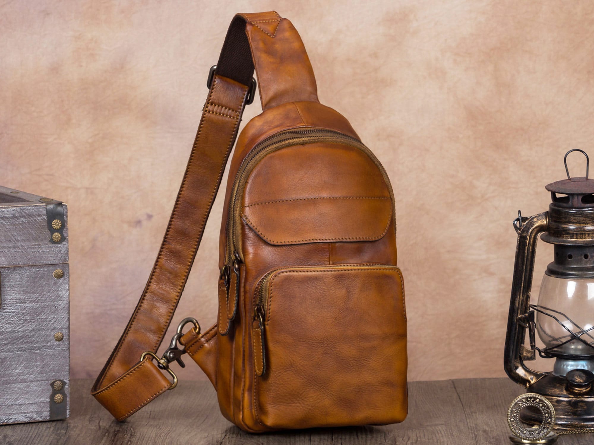 Leather Sling Bag Crossbody Purse Handmade Hiking Daypack Retro Shoulder Backpack Vintage Chest Bags