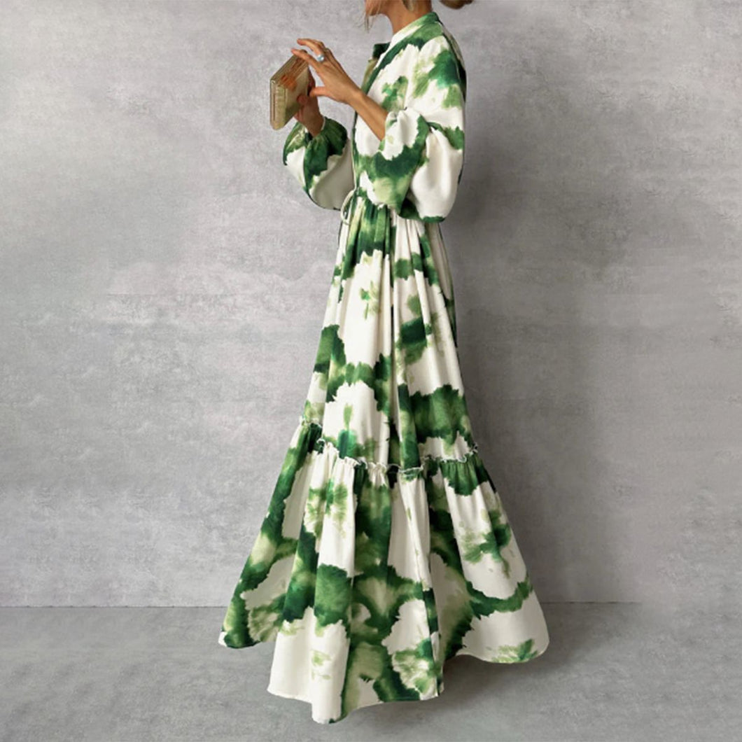 Green Printed Long Sleeve Maxi Dress