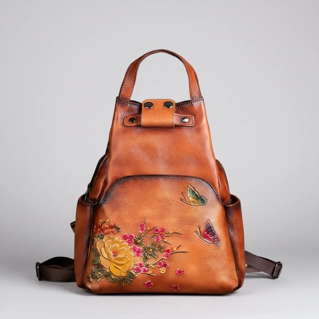 Floral Butterfly Embossed Leather Handbag  Women Backpack