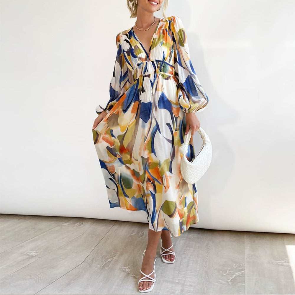 Colorful Abstract Print Long Sleeve  Midi Dress