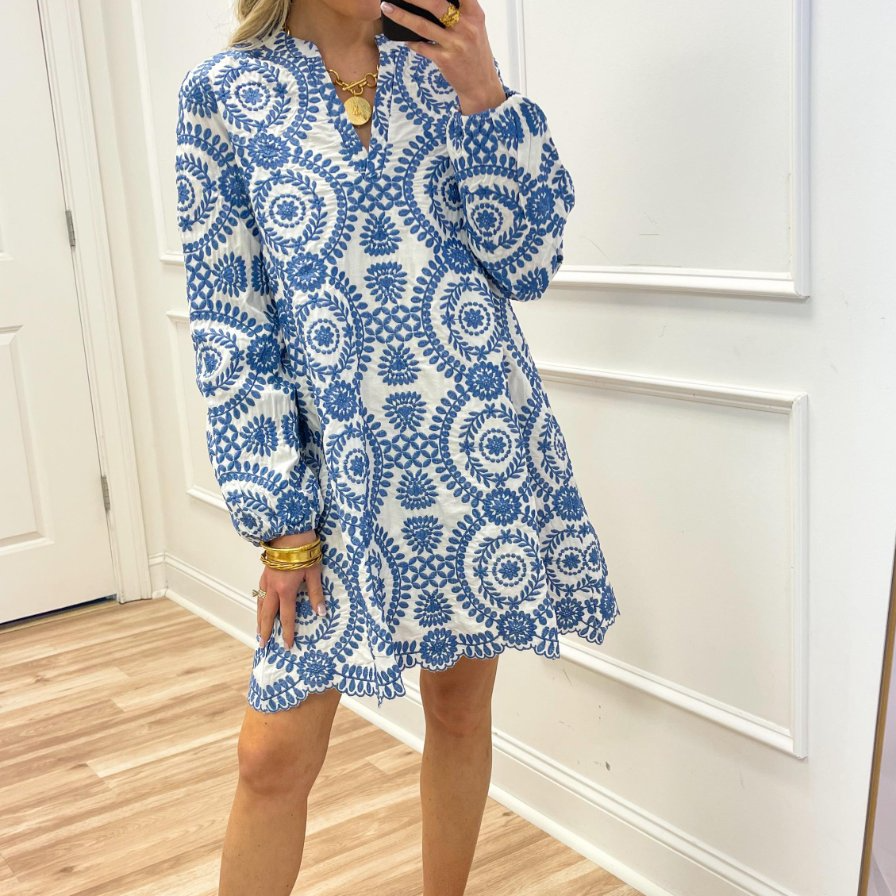 Long Sleeve Embroidered Hollow Out Mini Dress
