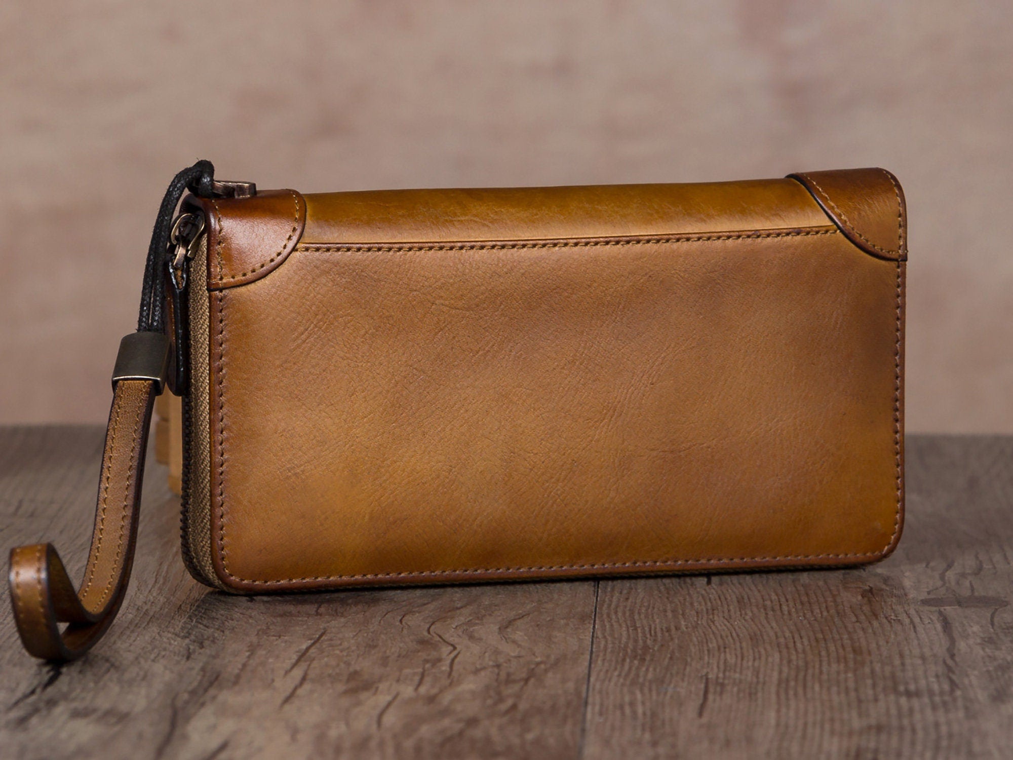 Leather Zipper Women Wallet Long Purse Handmade Clutch