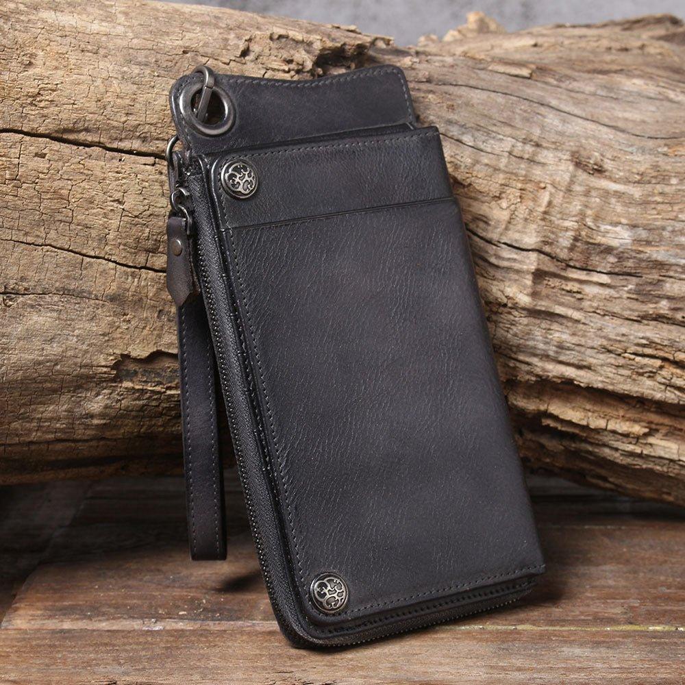 Handmade Leather Long Wallet with Chain Trifold Purse Anniversary Gift For Women Large Capcity Multi Cards Money Clips