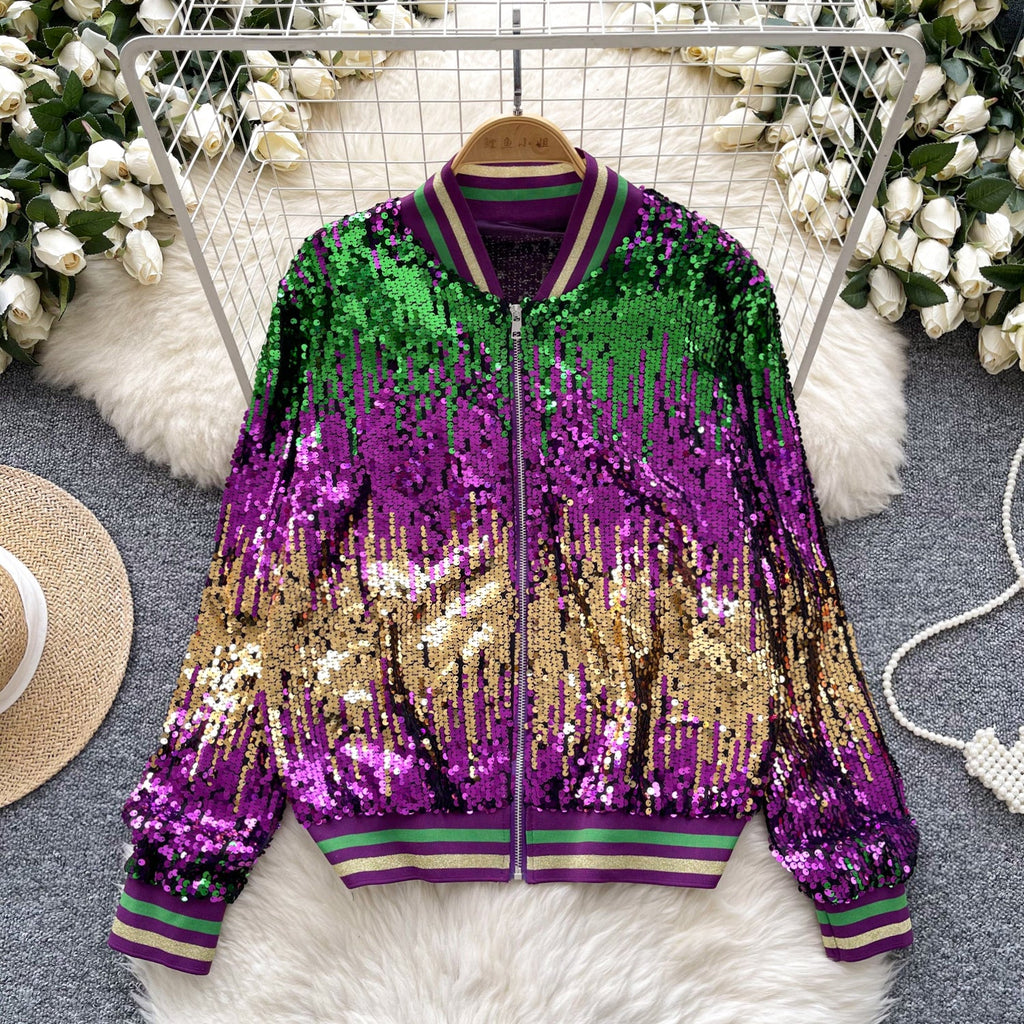 Mardi Gra Sequin Outfit Fat Tuesday Color Block Jacket