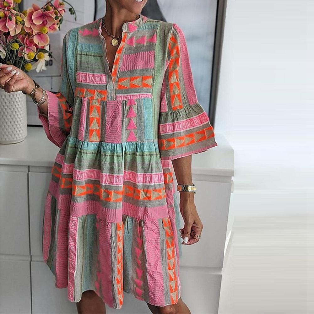 Boho Geometric Print Bell Sleeves Mini Tunic Dress