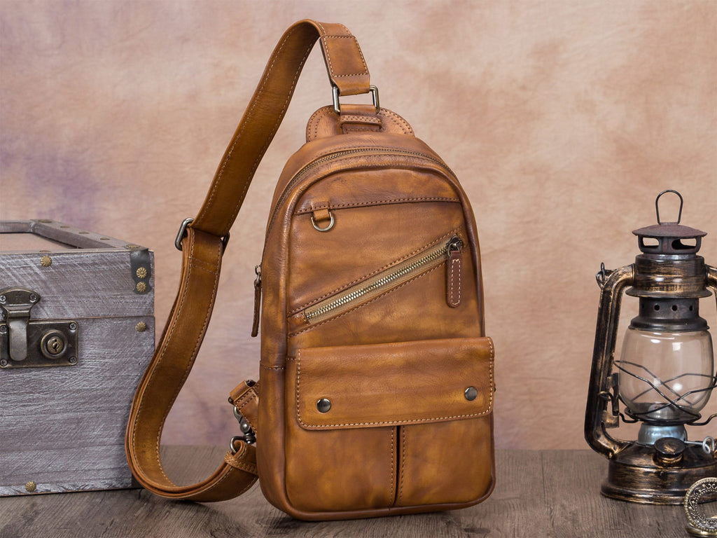 Retro Large Zipper Leather Sling Bag Crossbody Backpack