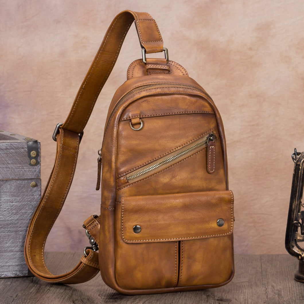 Retro Large Zipper Leather Sling Bag Crossbody Backpack