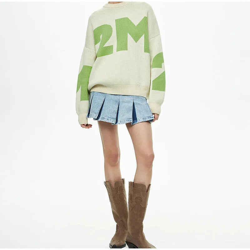 Print Knitted Pullover Long Sleeves Loose Sweater