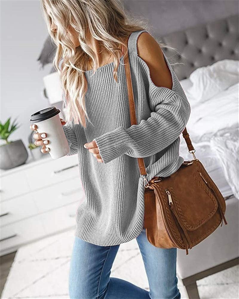 Cold Shoulder Long Sleeve Square Neck Loose Sweater