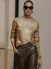 Load image into Gallery viewer, Gold Ribbed Round Neck Long Sleeve Sweater
