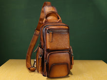 Load image into Gallery viewer, Multiple Pockets Zipper Leather Sling Bag Hiking Daypack Shoulder Backpack
