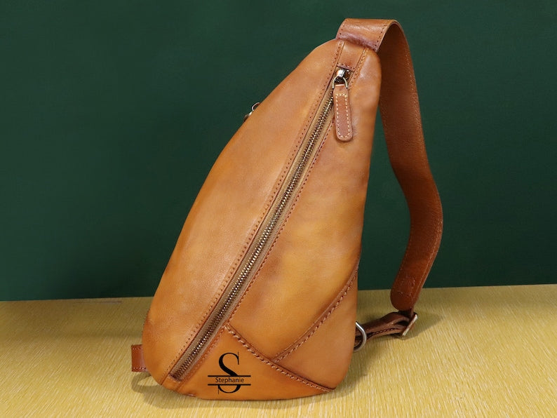 Brown Patchwork Zipper Leather Sling Bag Crossbody Backpack
