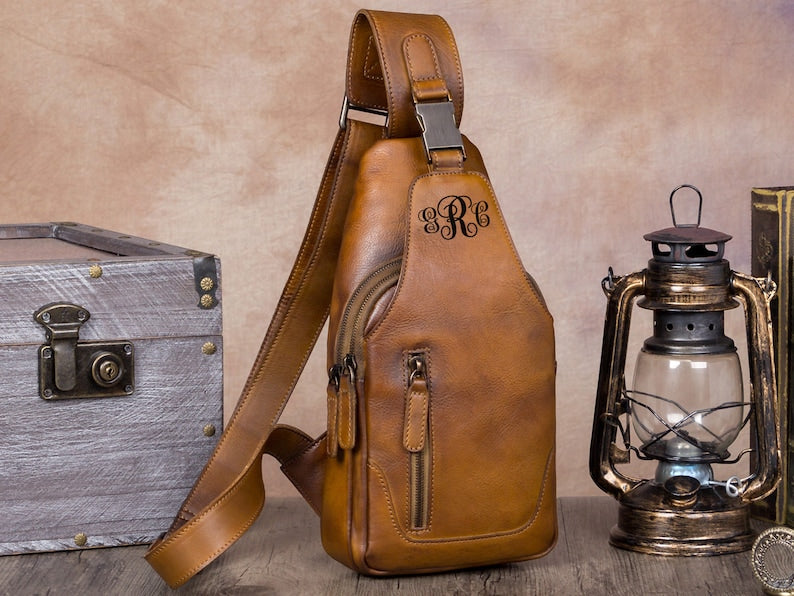 Vintage Leather Sling Bag Chest Shoulder Crossbody Bag Hiking Backpack