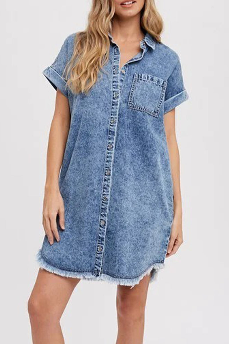 Casual Pockets Buttons Down Shift Denim Mini Dress
