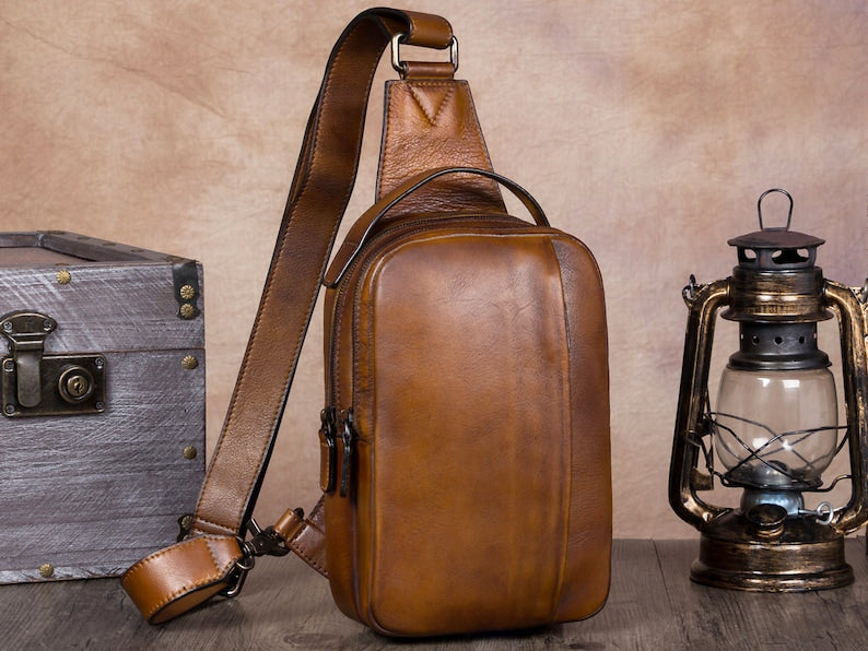 Double Zipper Leather Sling Bag Crossbody Hiking Daypack Shoulder Backpack