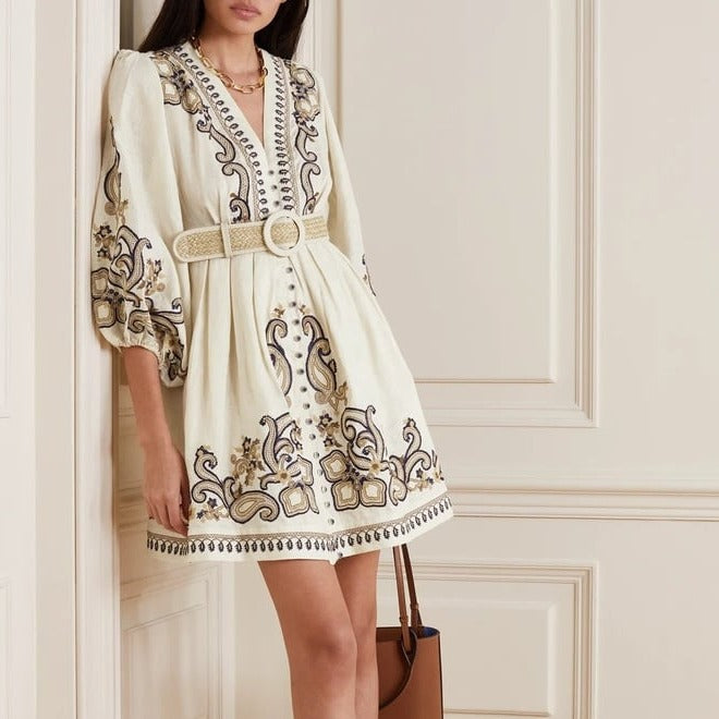 Beige Print V-neck Long Sleeve Mini Dress