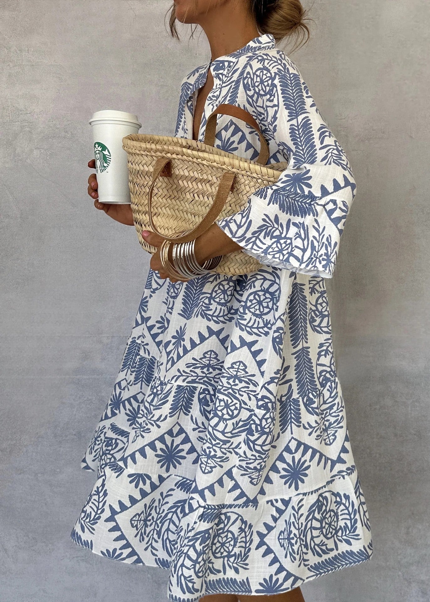 Boho Printed V-neck Bell Sleeves Tiered Loose Mini Dress