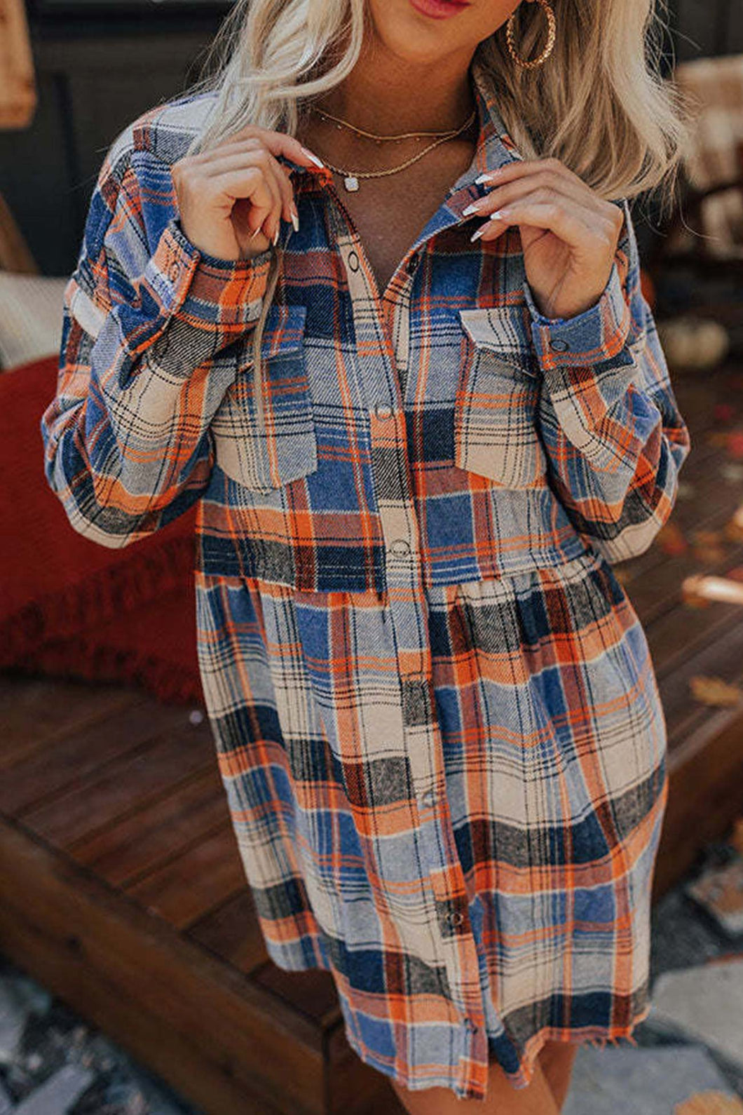 Contrast Plaid Buttons Down Mini Shirt Dress