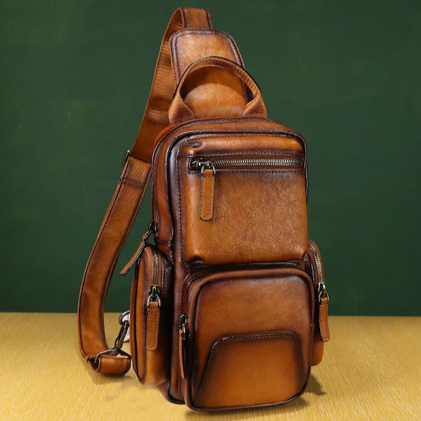 Multiple Pockets Zipper Leather Sling Bag Hiking Daypack Shoulder Backpack
