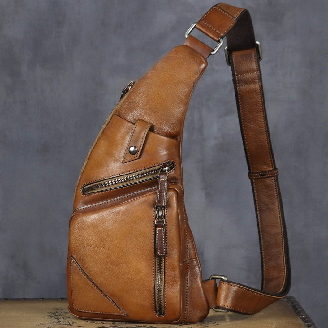 Brown Zipper Leather Sling Bag Crossbody Backpack