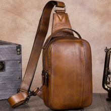 Load image into Gallery viewer, Double Zipper Leather Sling Bag Crossbody Hiking Daypack Shoulder Backpack
