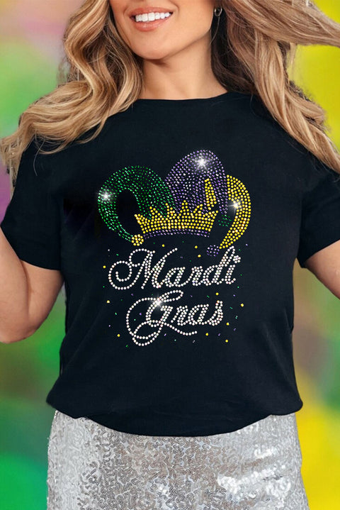 Black Rhinestone Mardi Gras Clown Hat Short Sleeve Tee