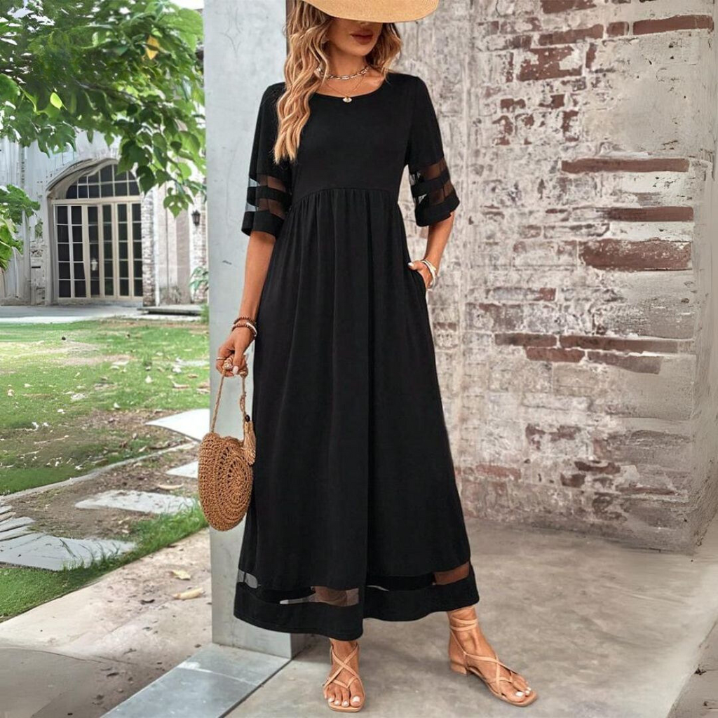 Elegant Sheer Sleeves Round Neck Maxi Dress