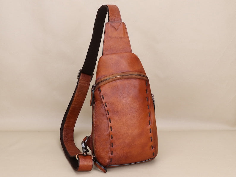 Vintage Leather Sling Bag Chest Shoulder Bag Crossbody Backpack