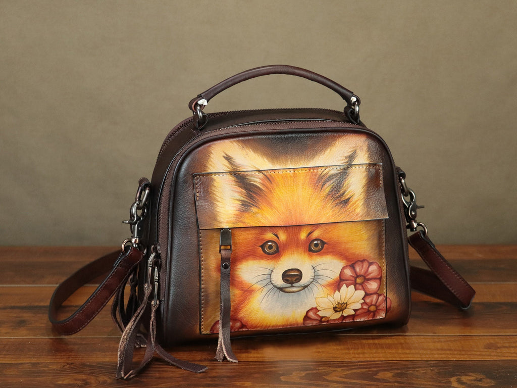 Hand Painted Dog Leather Shoulder Bag Handbag Crossbody Bag