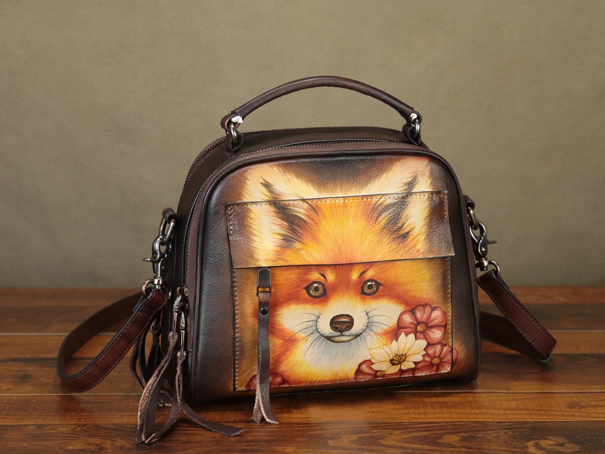 Hand Painted Dog Leather Shoulder Bag Handbag Crossbody Bag