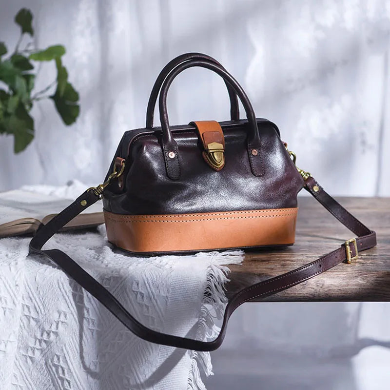 Women Leather Doctor Bag Color Block Weekend Daily Small Handbag Shoulder Bag