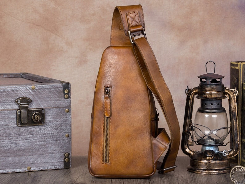 Vintage Leather Sling Bag Chest Shoulder Crossbody Bag Hiking Backpack