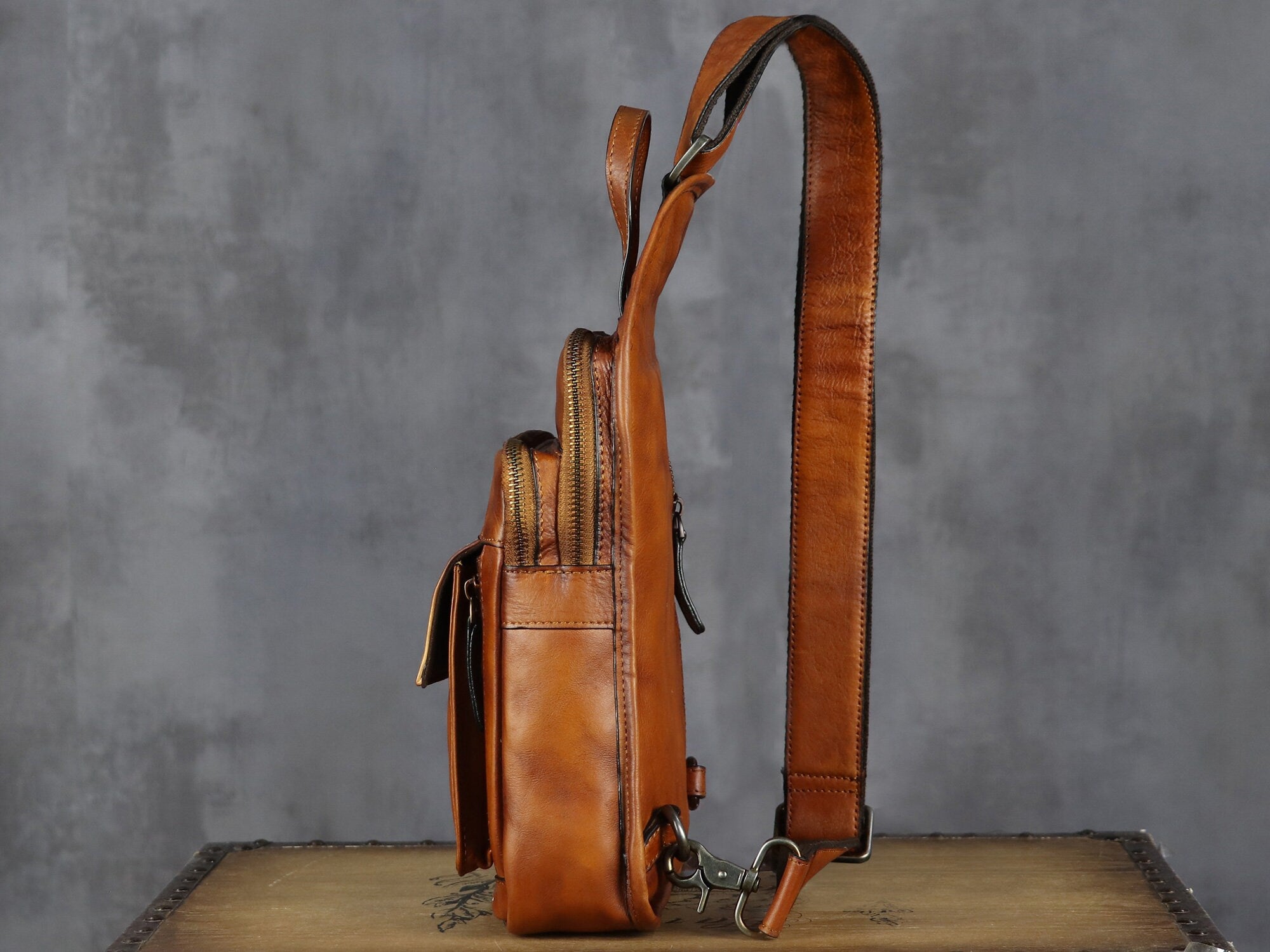 Brown Retro Leather Sling Bag Crossbody Shoulder Backpack
