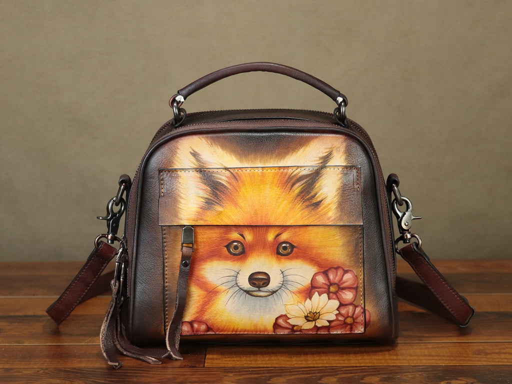 Hand Painted Dog Leather Shoulder Bag Handbag Crossbody Bag
