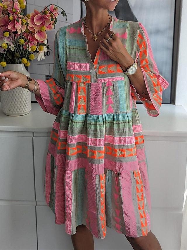 Boho Geometric Print Bell Sleeves Mini Tunic Dress