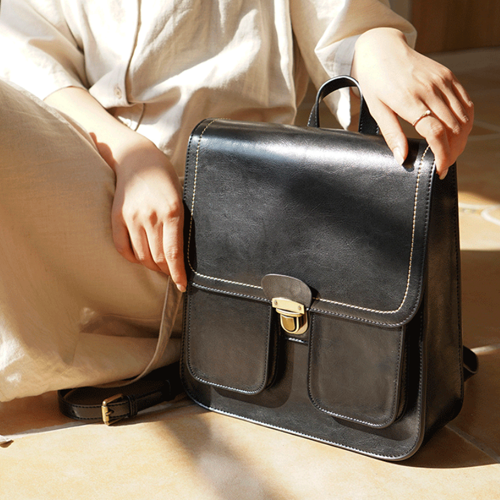 Vintage Black School Leather Backback For Women