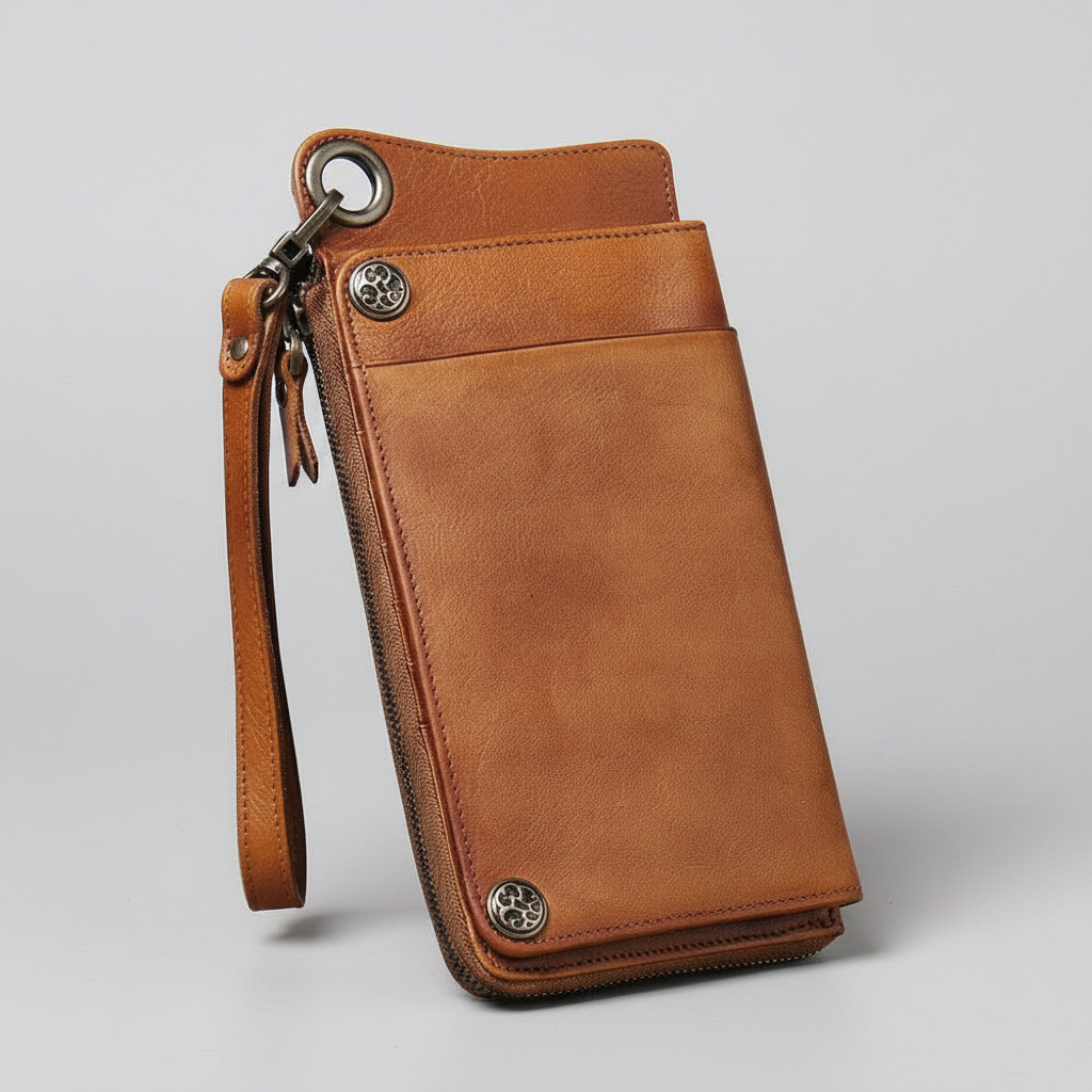 Handmade Leather Long Wallet with Chain Trifold Purse Anniversary Gift For Women Large Capcity Multi Cards Money Clips