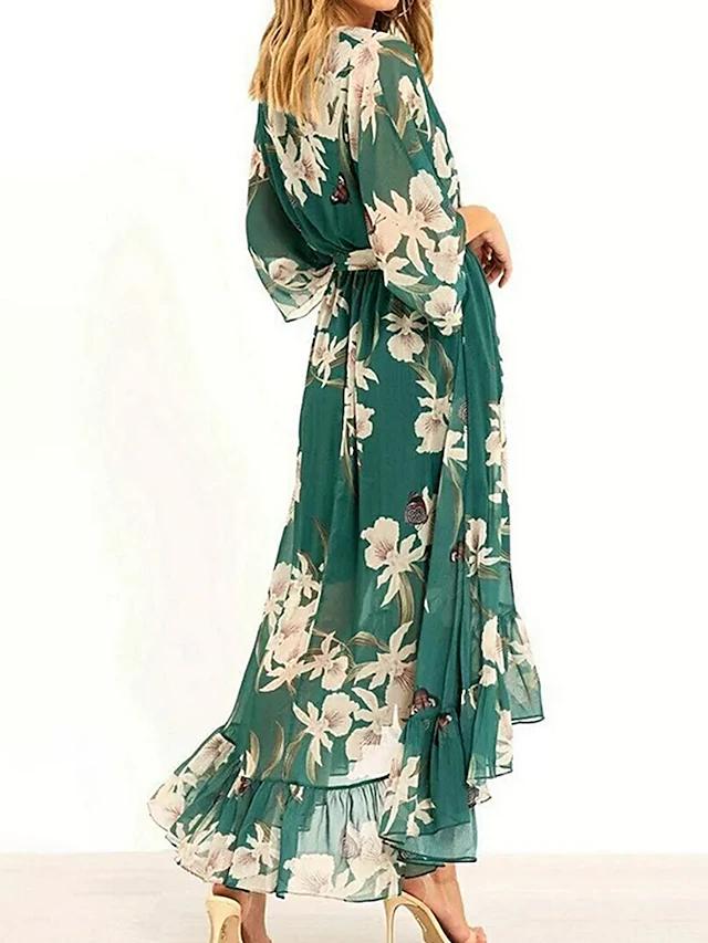Floral Ruffled Chiffon High Low Midi Dress