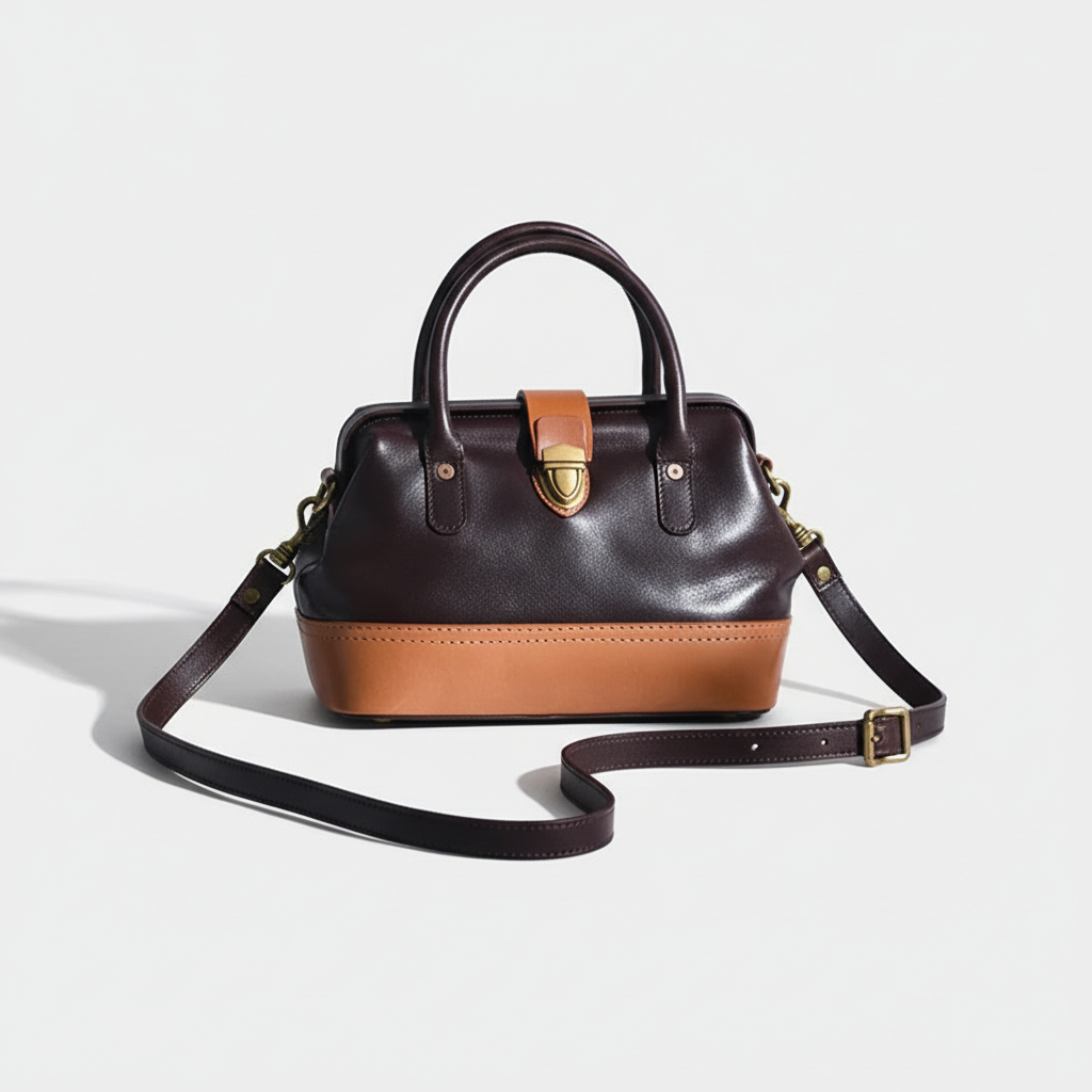 Women Leather Doctor Bag Color Block Weekend Daily Small Handbag Shoulder Bag