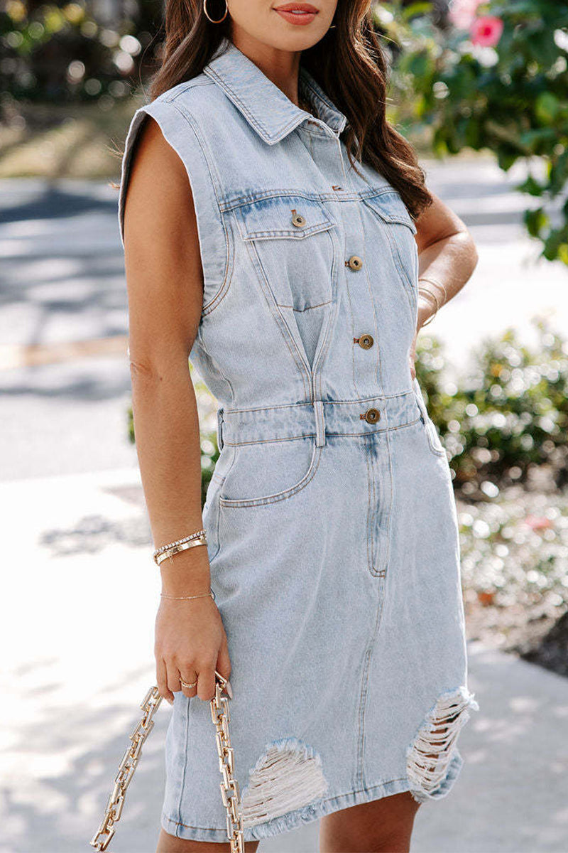 Elegant Collar Sleeveless Buttons Down Mini Denim Dress