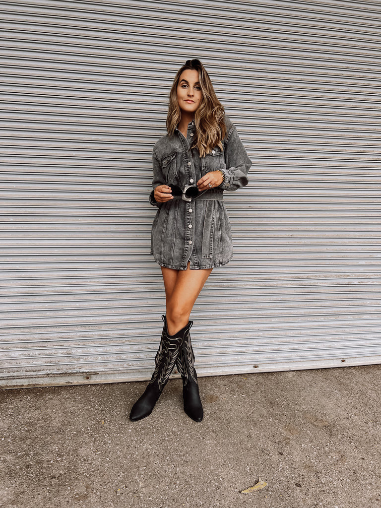 Gray Long Sleeves Pockets Buttons Down Denim Mini Dress