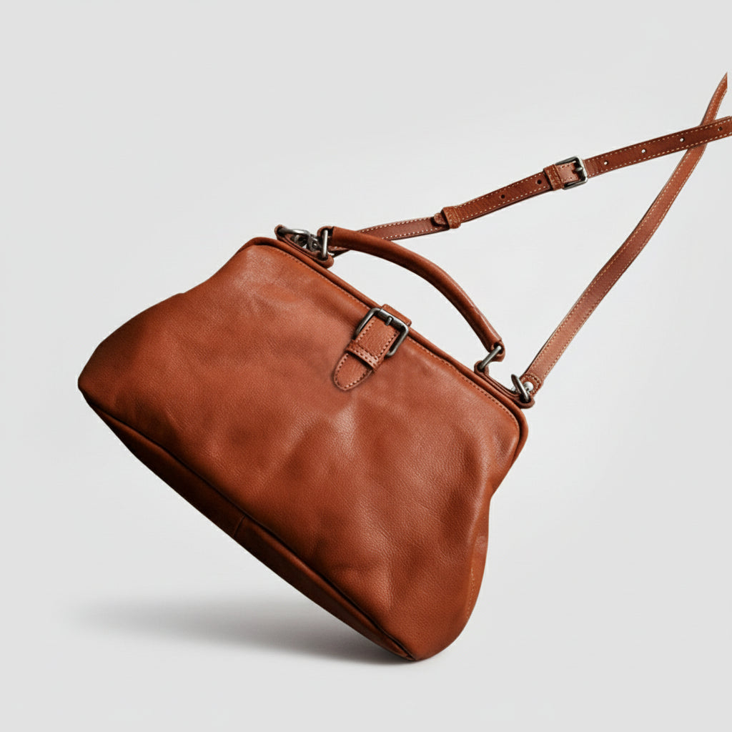 Black Doctor Bag Leather Handbag Crossbody Purse For Women