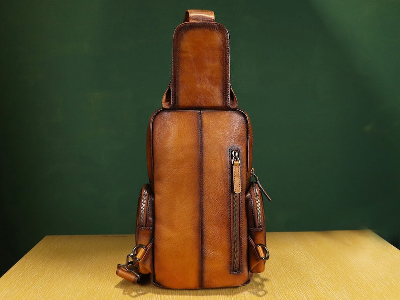 Multiple Pockets Zipper Leather Sling Bag Hiking Daypack Shoulder Backpack