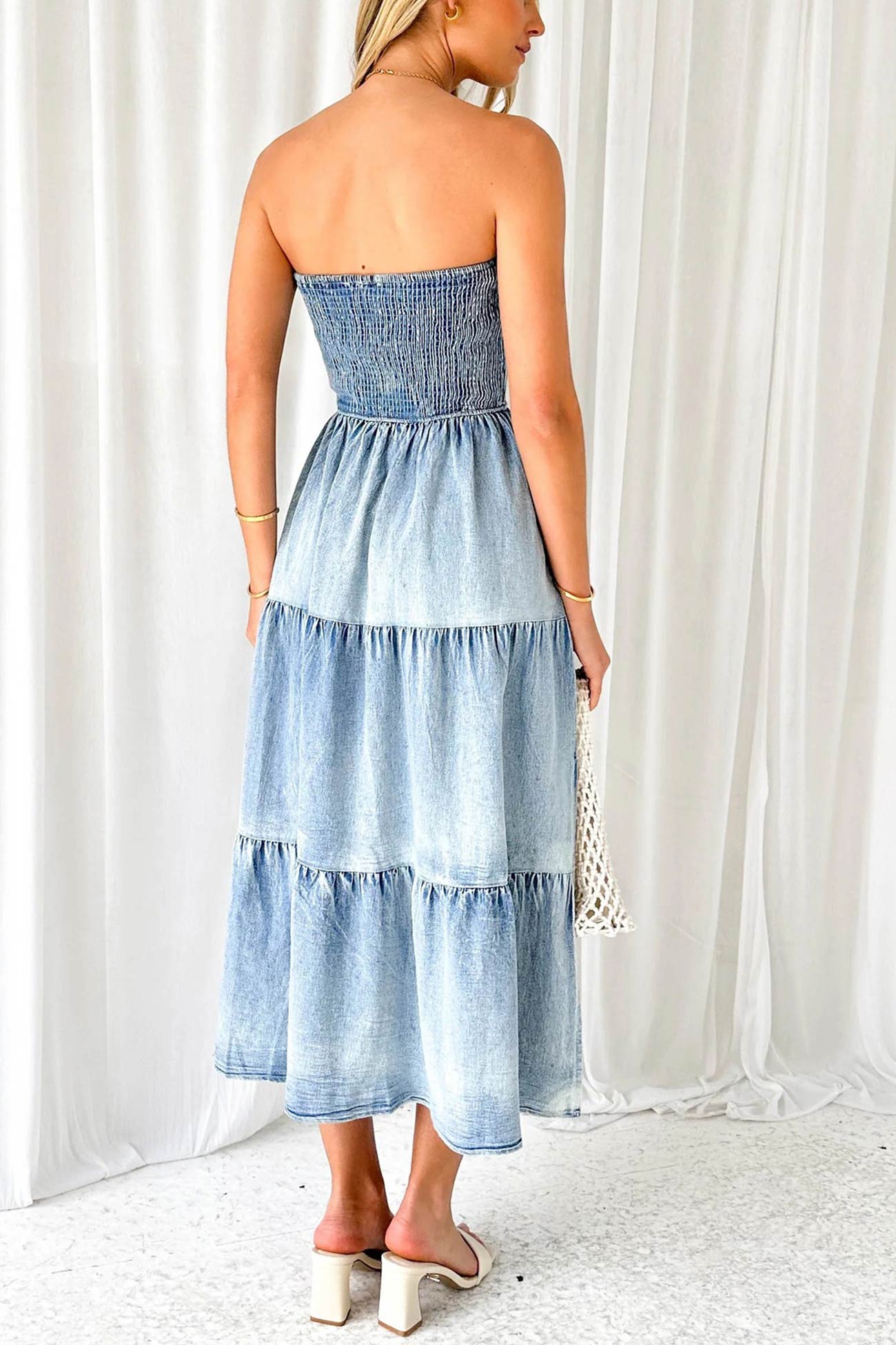 Strapless Smocked  Tiered Slit Side Midi Denim Dress