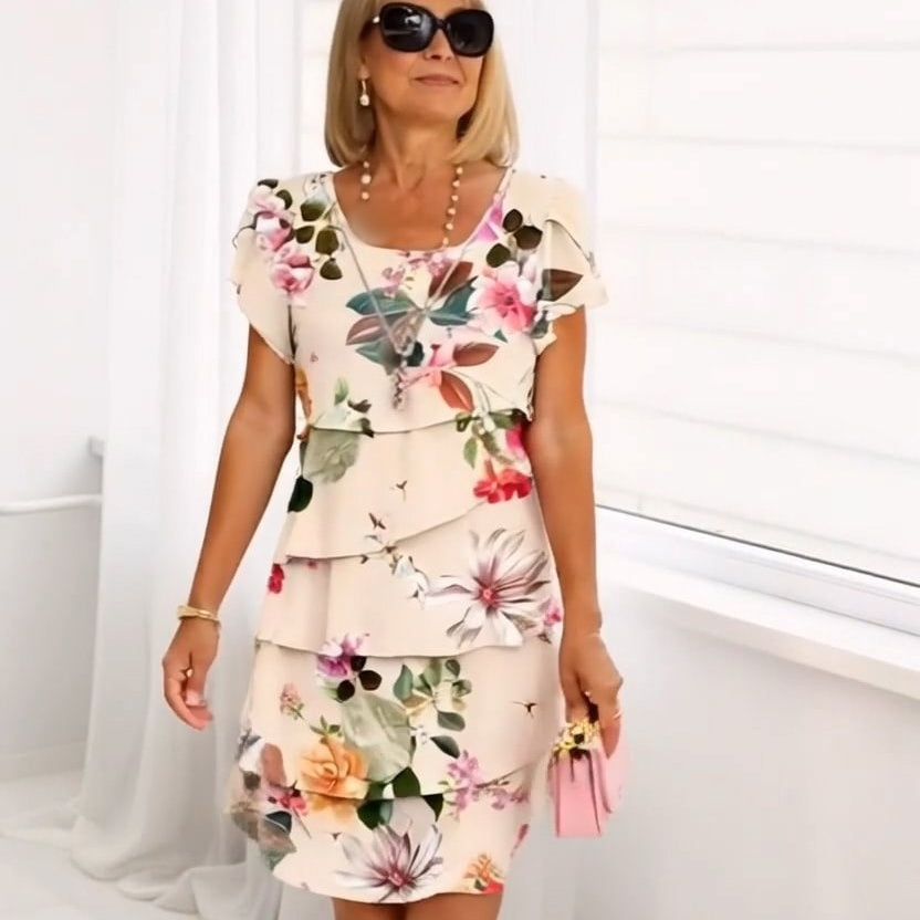 Beige Floral Print Short Sleeves Tiered Mini Dress