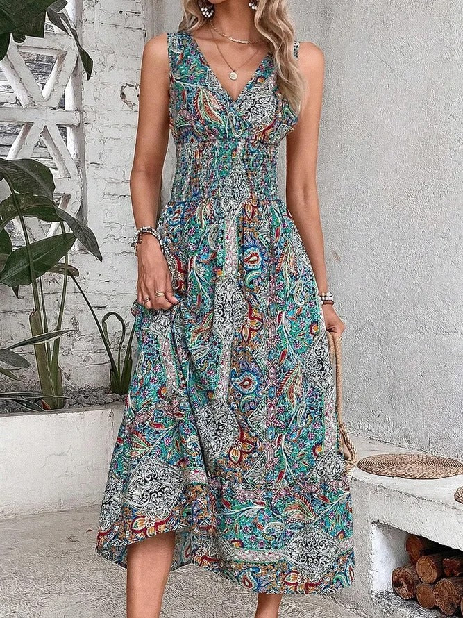 Paisley Print V-neck Smoocked Maxi Dress