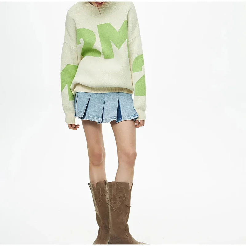 Print Knitted Pullover Long Sleeves Loose Sweater